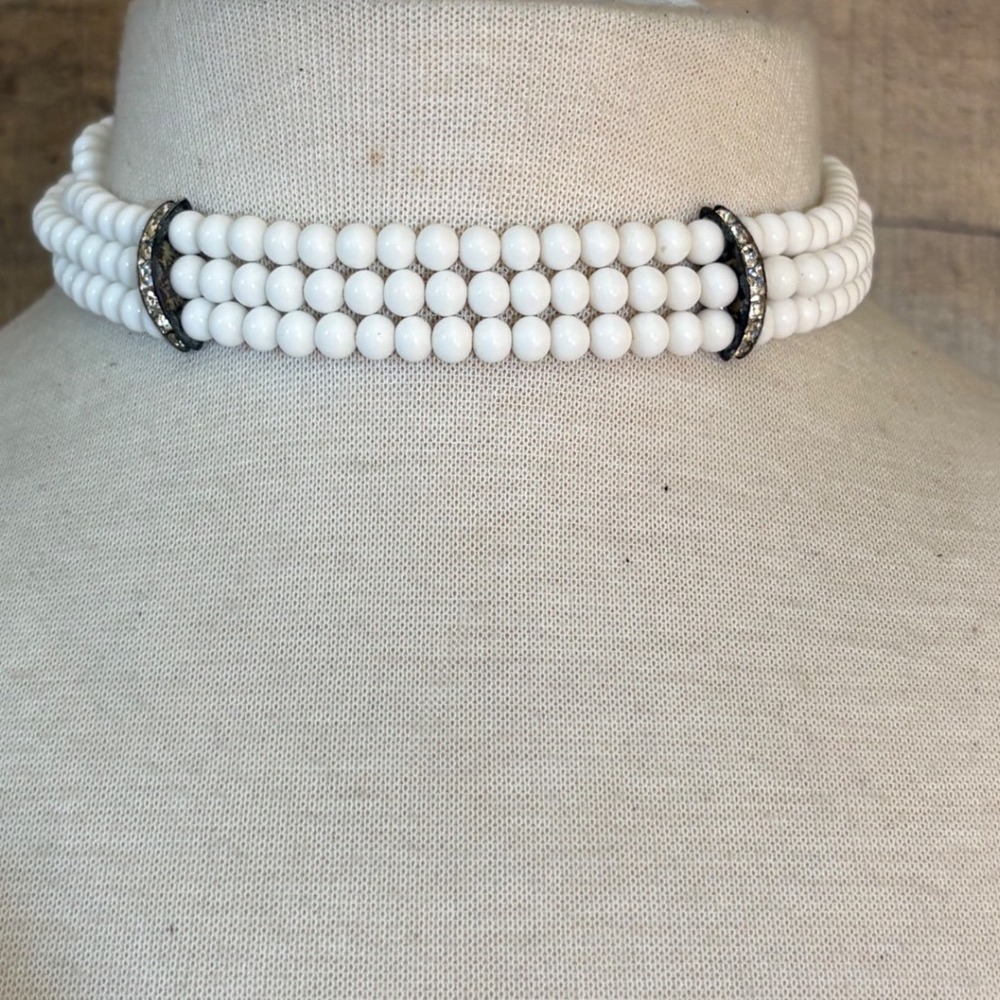 Vintage White Milk Glass 3 Strand Choker Necklace Rhinestone Spacers Adjustable